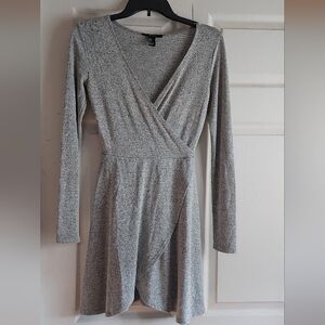 Forever 21 Gray Heather Faux Wrap Dress Size S V Neck Long Sleeves Y2K Classic